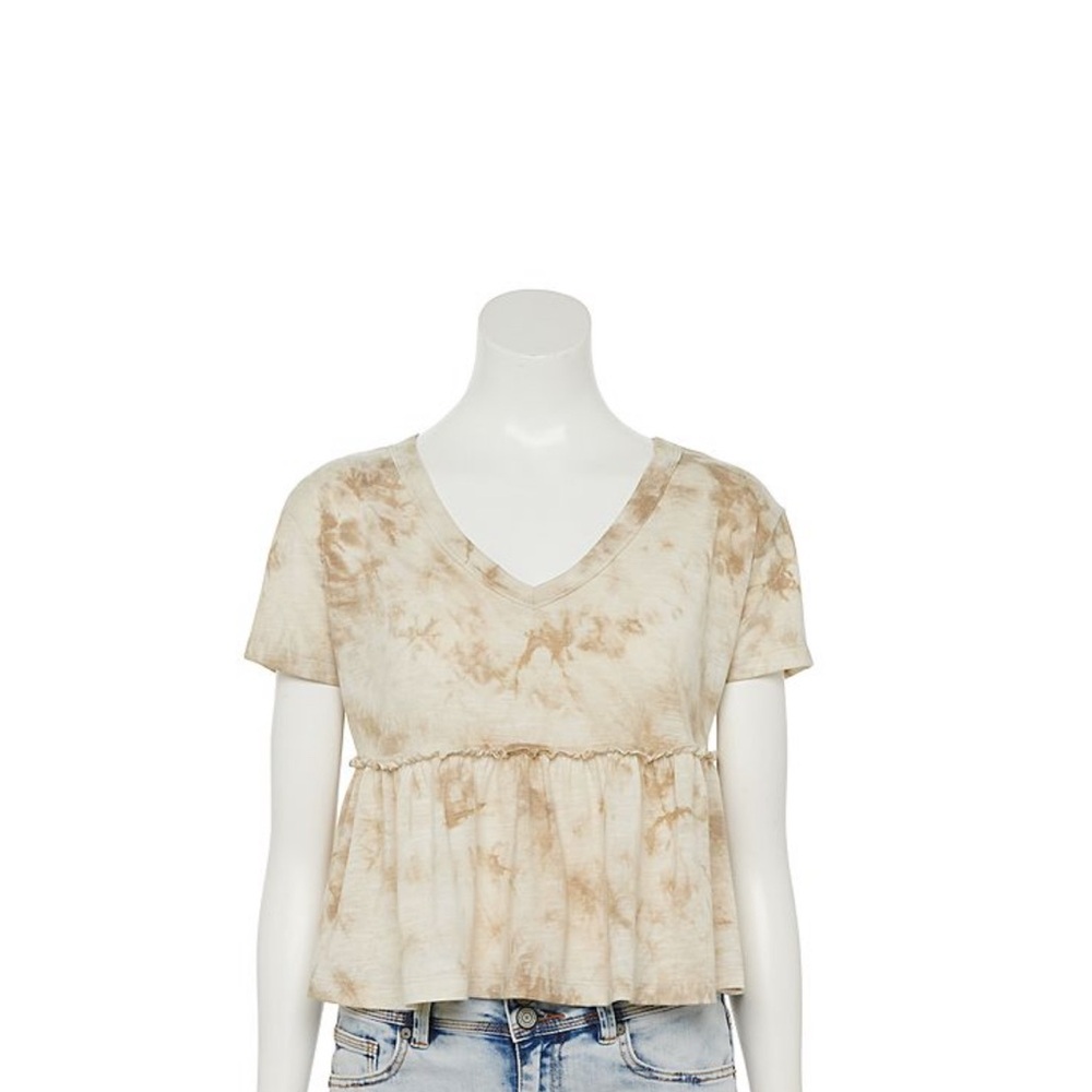SO Beige Tie-Dye V-Neck Peplum Top